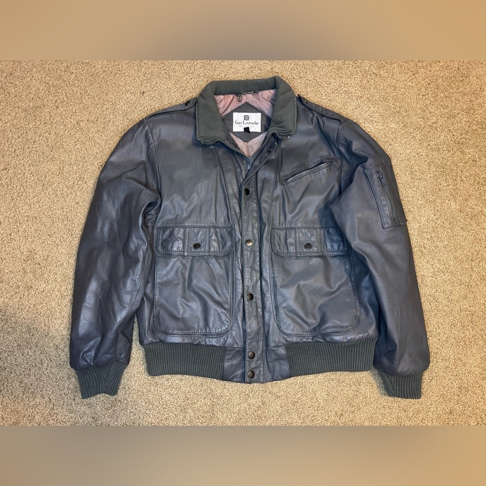 GUY LAROCHE Mens Gray Leather Bomber Jacket Pilot Aviator Biker Moto Preppy M